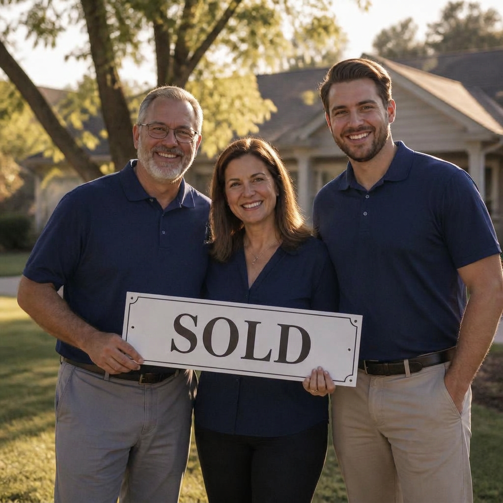 The Emerald Estates team smiling on a front lawn holding a Sold sign